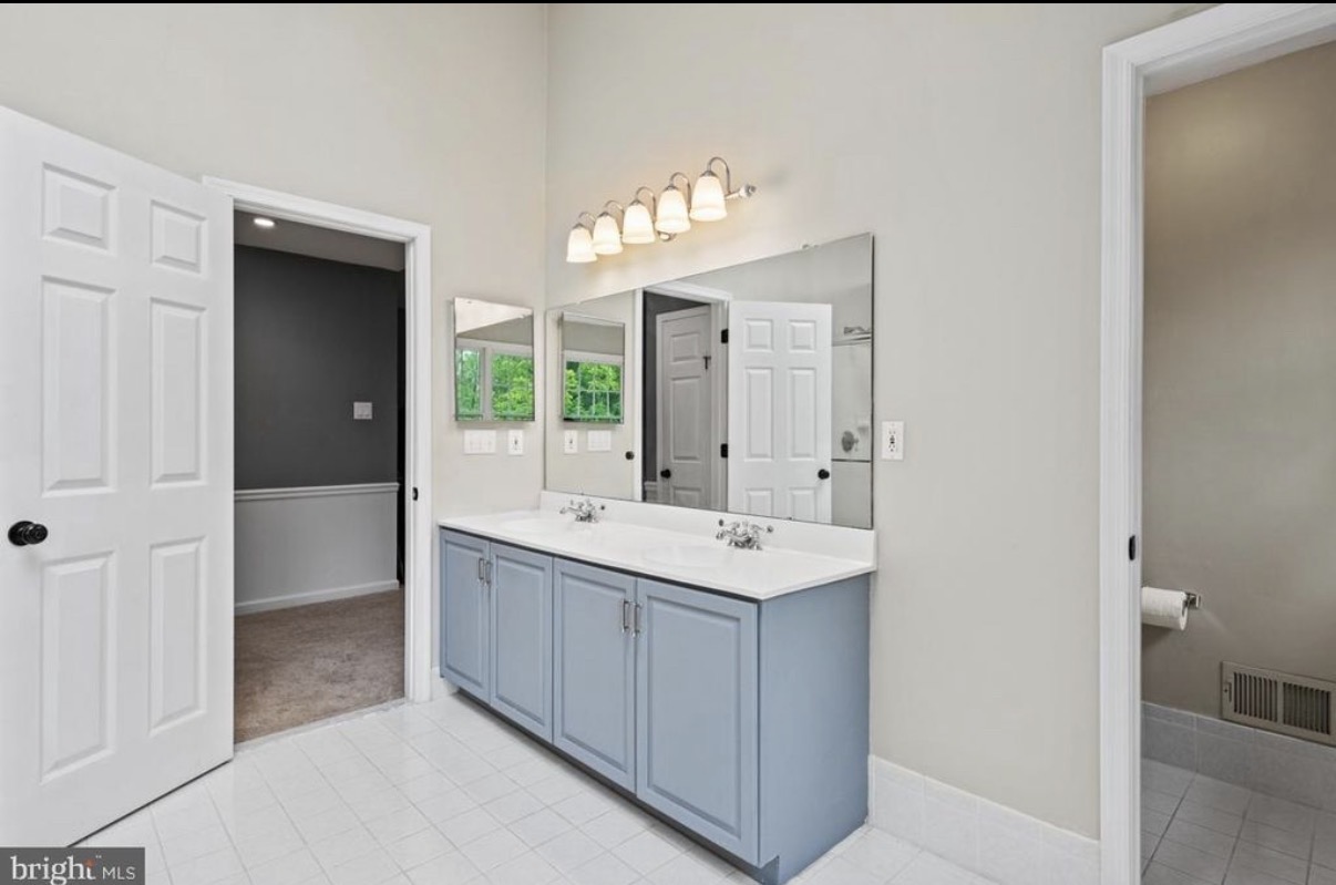 Blue laminate double vanity and strip light before a primary bathroom remodel in Bucks County PA