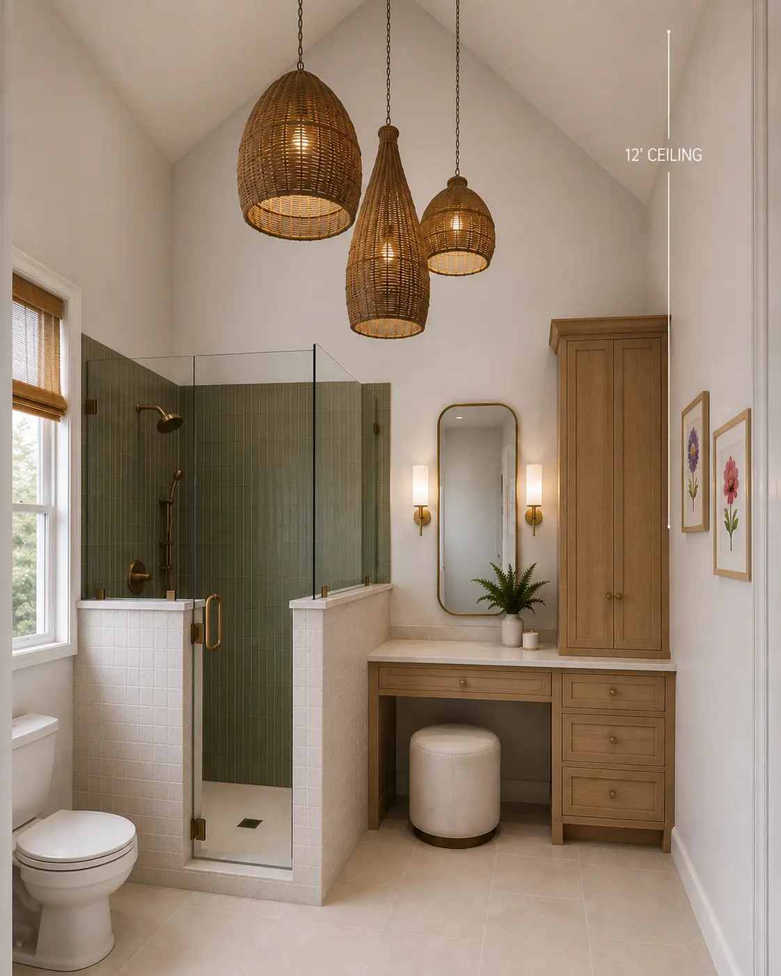 Green tile walk in shower and oak vanity finished in a completed bathroom remodel in Bucks County PA